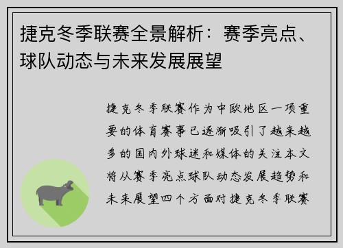 捷克冬季联赛全景解析：赛季亮点、球队动态与未来发展展望
